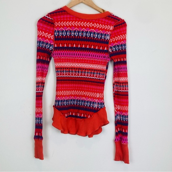 FP Movement ribbed rally layer button front Henley top red, orange, pink. Size L - Picture 5 of 7